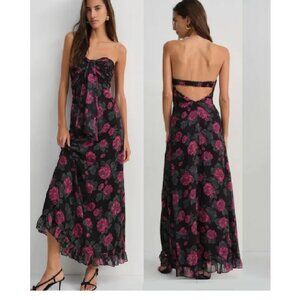 NEW FOR LOVE & LEMONS TEAGAN STRAPLESS FLORAL PRINT BLACK MAXI DRESS SIZE M